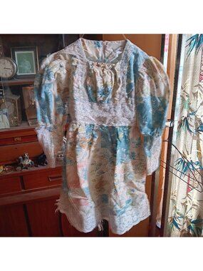 Girls 7 True Vintage Boho Dress Peasant Floral Lace Puff Sleeve Tie-Back 1970's